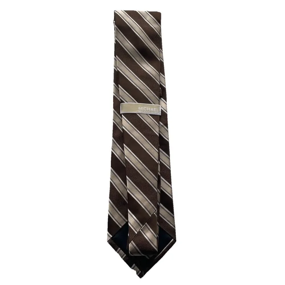 MICHAEL KORS MEN’S TIE BROWN WITH GOLD WHITE STRIPES 100% SILK 3.5 X 59 Corpcore